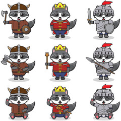 Vector illustrations of Raccoon characters in various medieval outfits. King, viking and knight costume. Vector illustration bundle