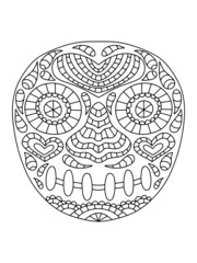 Decorative hand-drawn skull coloring page for Dia de los Muertos vector linear illustration. Cartoon calavera with ornaments black outline isolated on white. Fantasy sugar skull colouring book page