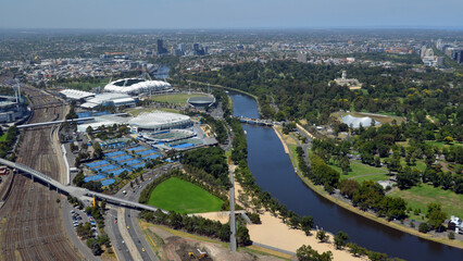 Fototapeta na wymiar Aerial view of the Yarra River and the sporting complex of the Rod Laver Arena, Melbourne Victoria. 