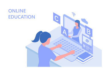 Online education and e-learning. Children stay home and studying online with video conference during covid-19 coronavirus outbreak vector illustration. New normal global education vector illustration
