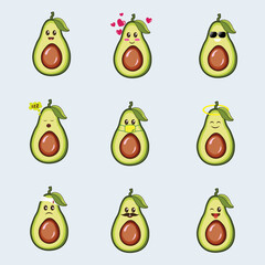 Cute avocado emoticons vector illustration. Avocado cartoon. Avocado emotional expression.