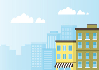 Urban landscape with yellow and green buildings. Cityscape flat design. Vector Illustration of the modern city with copy space for text.