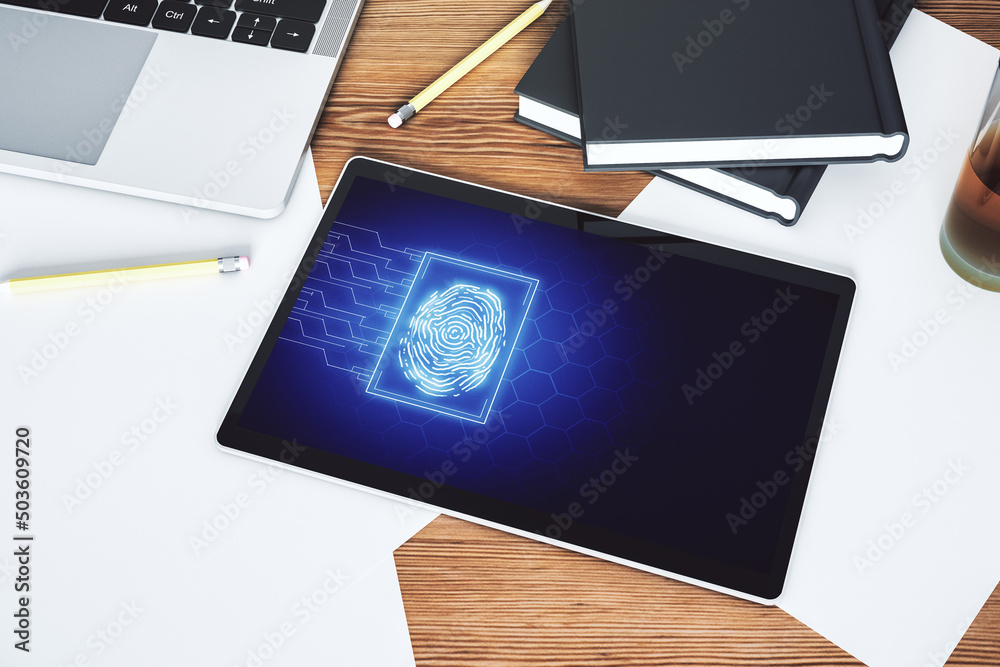 Fototapete abstract creative fingerprint illustration on modern digital tablet monitor, digital access concept.