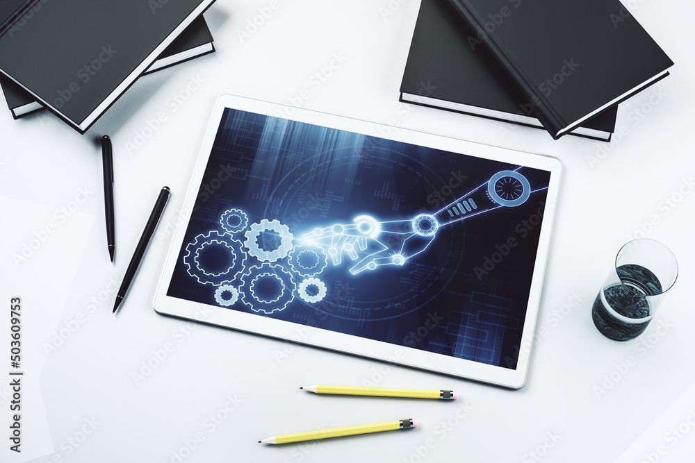 Aufkleber Creative abstract robotics technology hologram on modern digital tablet display, artificial intelligence and machine learning concept. Top view. 3D Rendering