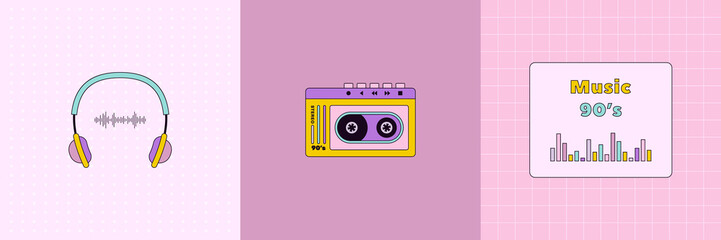 Music Set 90's in Pop Art Style. Vector Illustration Music Player, Headphones for Stickers, Logos, Prints, Patches