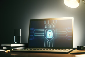 Modern computer monitor with creative lock hologram and chip. Information security concept. 3D Rendering