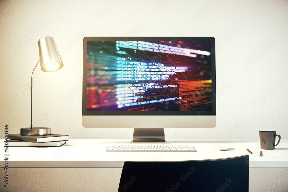 Poster modern computer display with abstract software development hologram, research and analytics concept.