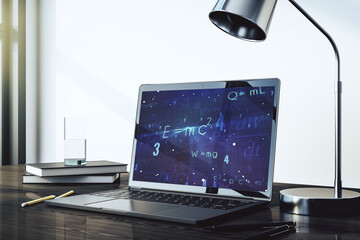 Creative scientific formula illustration on modern computer monitor, science and research concept....
