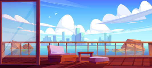 City skyline view from wooden terrace, outdoor home veranda or cafe patio with couch and table. Cityscape background with modern architecture skyscrapers at waterfront bay, Cartoon vector illustration - obrazy, fototapety, plakaty