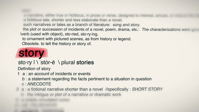 The Word Story Red Highlighted in a Dictionary Animation