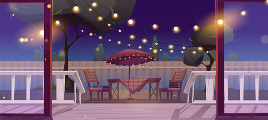 Cottage wooden terrace at back yard with BBQ area at night. Backyard with table and umbrella decorated with light garland, picnic barbecue zone on patio at summer time, Cartoon vector illustration