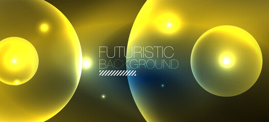 Shiny neon geometric abstract background. Glowing lights on round shapes, triangles and circles. Wallpaper for concept of AI technology, blockchain, communication, 5G, science, business