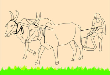 Outline of a farmer with a plough and oxen - obrazy, fototapety, plakaty