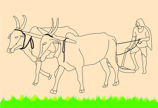 Outline of a farmer with a plough and oxen