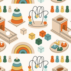 Pattern of various wooden and metal Montessori toys. Component of the development of education in kindergarten, at home. Game for children to develop finger motility, logic, learning colors. Vector 