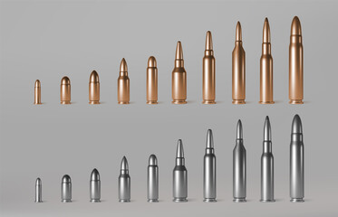 Bullets of different calibers stand in row. Copper, gold or silver colored shots, military handgun ammo weapon metal gunshots isolated on background, realistic 3d vector set - obrazy, fototapety, plakaty