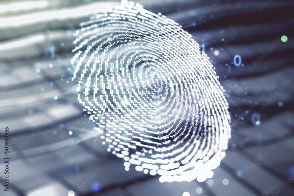 Poster multi exposure of virtual abstract fingerprint illustration on blurry abstract metal background, dig