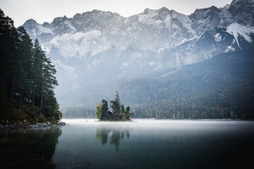 Beautiful scenery of Eibsee Lake with Wetterstein Mountains in Bavaria, Germany during autumn