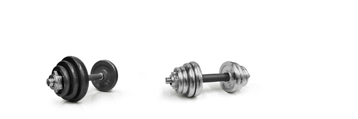 Obraz na płótnie Canvas Metal dumbbells on a white background. Gym, fitness and sports equipment symbols. text input area