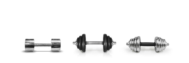Metal dumbbells on a white background. Gym, fitness and sports equipment symbols. text input area
