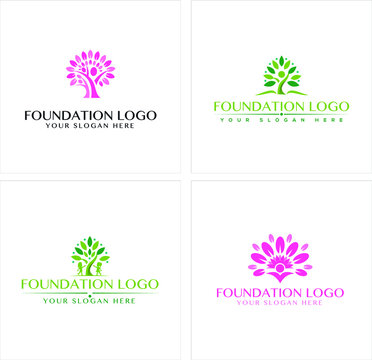 Set of foundation modern logo design template various kinds symbol combination trees with people branch pink and green vector illustration