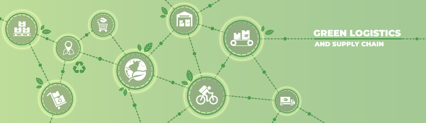 green logistics and supply chain vector illustration. Concept with connected icons related to sustainable transport - obrazy, fototapety, plakaty