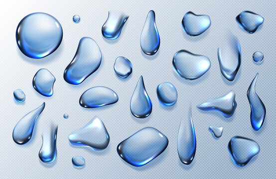 Clear water drops, dew or dripping rain droplets isolated on transparent background. Vector realistic set of pure aqua liquid flows, condensation on cool surface