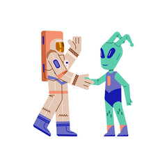 Astronaut and space alien meeting flat cartoon vector illustration isolated.