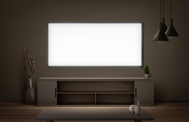 Wide lcd tv screen hanging on wall in living room at night. Modern house interior with flat plasma television set, stand and table. Vector realistic illustration of blank glowing screen in dark room