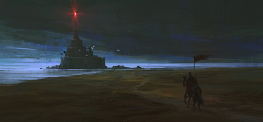 The fallen knight returns to the dark castle, 3D illustration. - obrazy, fototapety, plakaty