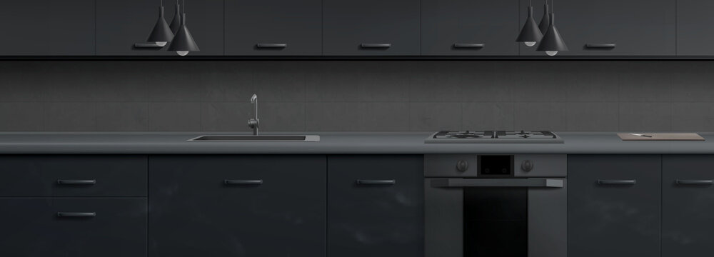 Modern Kitchen With Gas Stove, Sink And Gray Cupboards At Night. Vector Realistic Illustration Of Dark Kitchen Interior With Oven, Cutting Board With Knife On Counter And Lamps