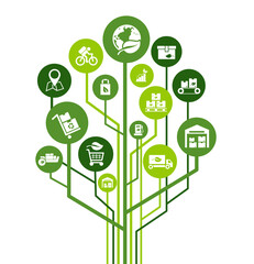 green logistics and supply chain vector illustration. Concept with connected icons related to sustainable transport