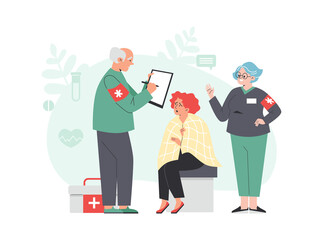 Paramedic provides ambulance to a patient, vector flat illustration on a white background.