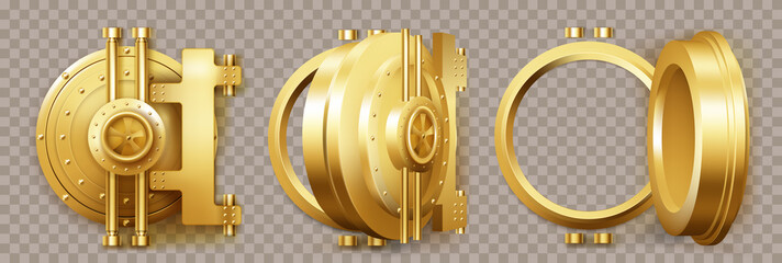 Gold safe door, round bank vault gate with lock. Vector realistic set of 3d closed and open circle golden door to bunker or bank safe isolated on transparent background - obrazy, fototapety, plakaty