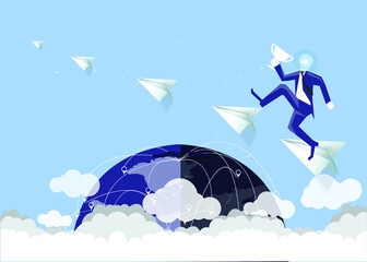 Businessman running to success on growing charts with sketch plan business creativity modern idea and concept illustration.