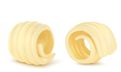 Butter curl 3d realistic vector illustration. Swirls of margarine or vegan vegetable spread, rolled creamy dairy product, set icon isolated on white background - obrazy, fototapety, plakaty