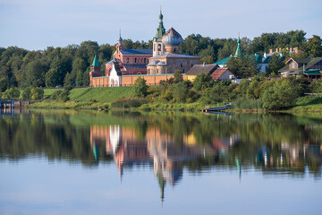Fototapeta na wymiar View of the ancient Staraya Lladoga St. Nicholas monastery on a August morning. Leningrad region, Russia