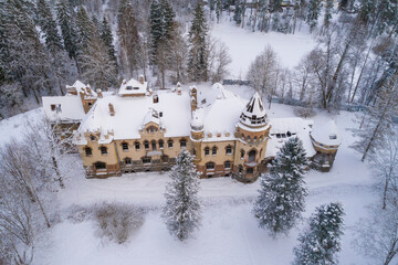 Above the old abandoned manor house of the Eliseev estate on a February afternoon (photo from a quadcopter). Belogorka, Leningrad region. Russia
