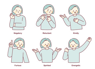 Cute short-haired girl is making various emotional expression gestures. flat design style vector illustration.