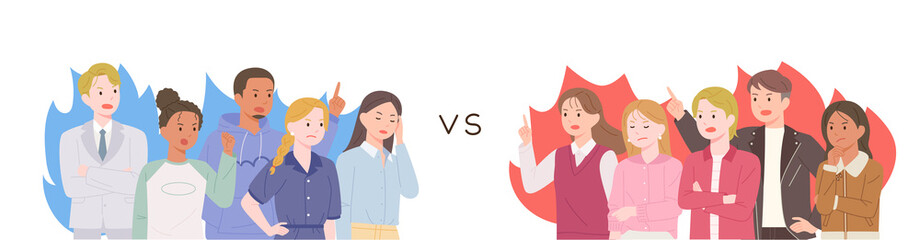 People are angry and arguing in blue and red. flat design style vector illustration. - obrazy, fototapety, plakaty