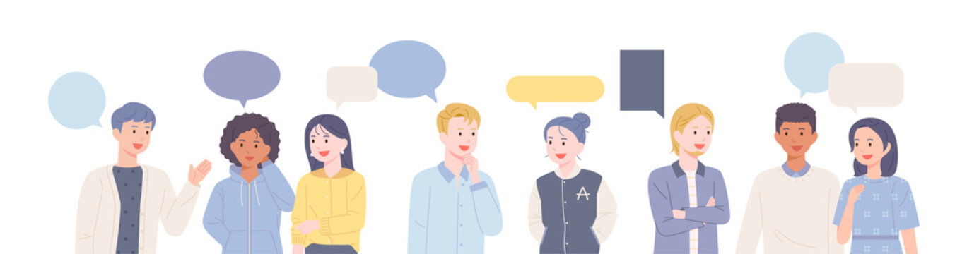 Several young people are gathering and talking. flat design style vector illustration.