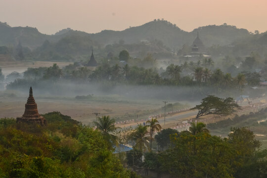 Fascinating landscape in the fog in Mrauk U, Myanmar