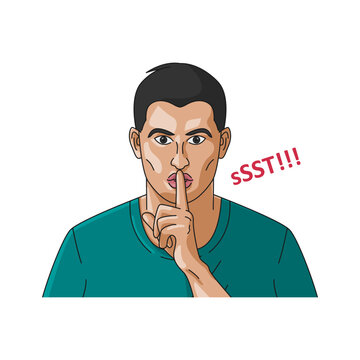 Shhh!. sSST!. Man making silence gesture with finger on lips. Vector illustration