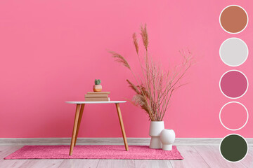 Table and vases with floral decor near pink wall. Different color patterns