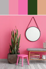 Interior of stylish hall with soft bench, stool, houseplant and mirror. Different color patterns