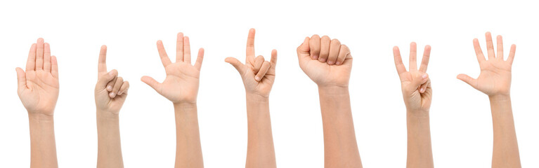 Set of many children's hands showing different gestures on white background