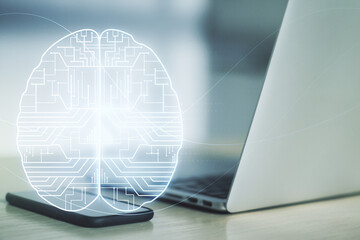 Creative artificial Intelligence concept with human brain hologram on modern laptop background. Multiexposure