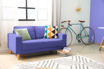 Interior of beautiful living room with comfortable sofa and bicycle