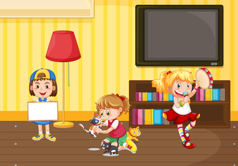 Happy cute girls doing different activities in the room