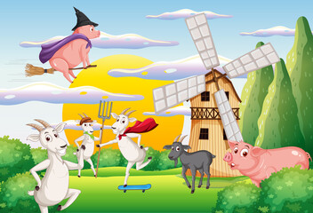 Obraz na płótnie Canvas Farm background with happy animals